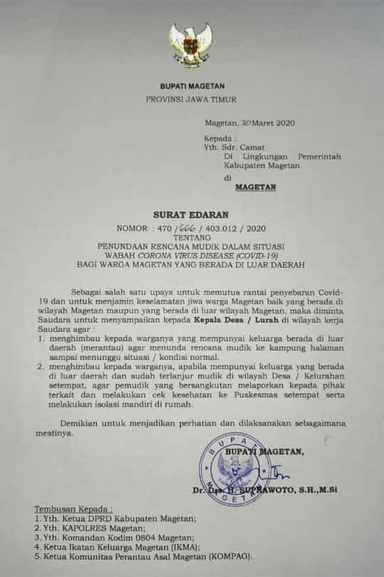 Beredar Surat Bupati Magetan Tentang Penundaan Rencana Mudik